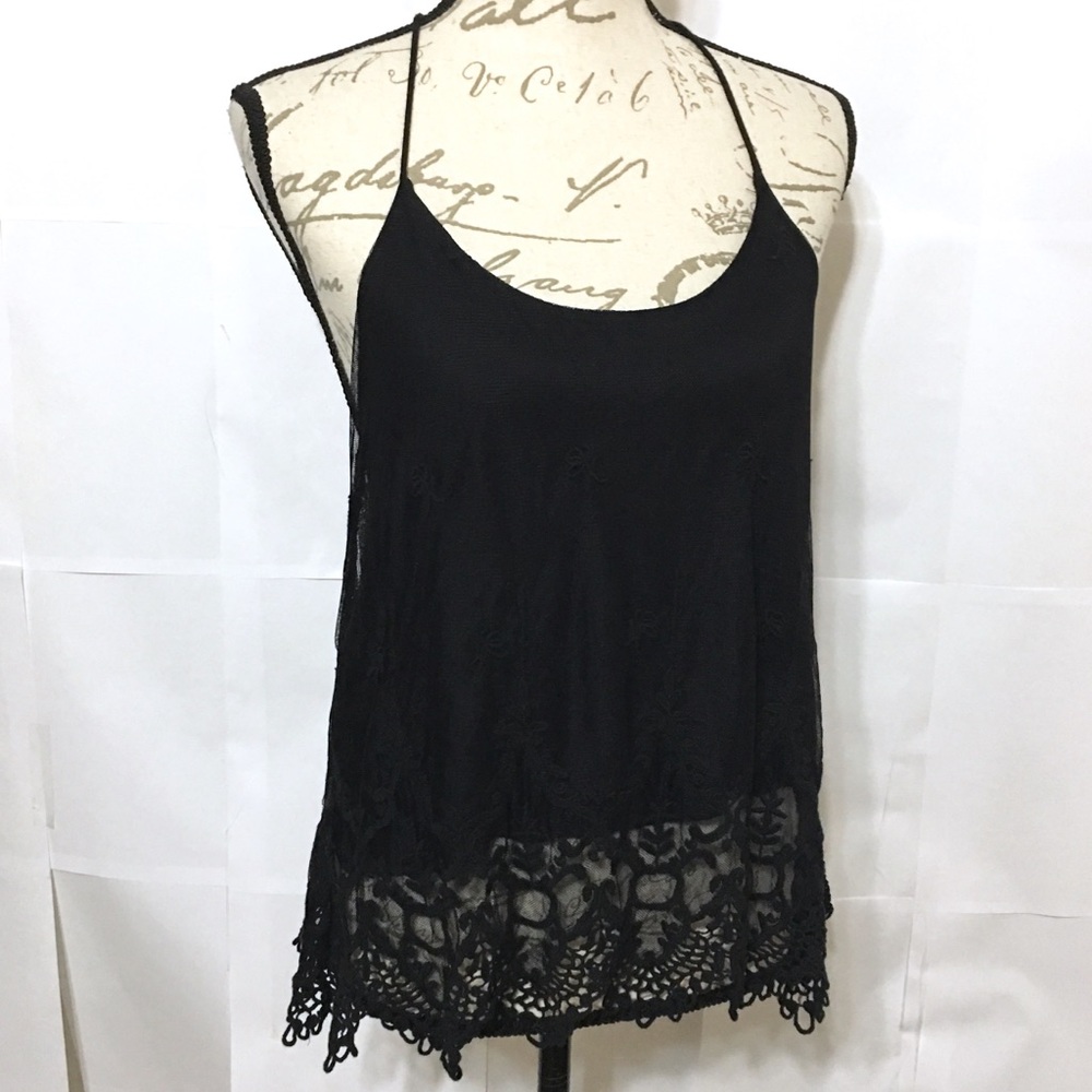 PINS AND NEEDLES BLACK FLORAL LACE HALTER TANK TOP - Picture 4 of 7